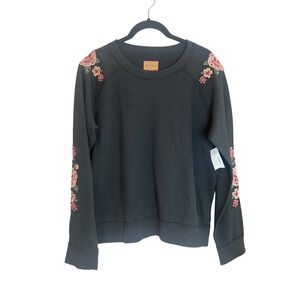 Driftwood Teddy Black Floral Embroidered Sweatshirt Rose Sleeve Classic Fit M